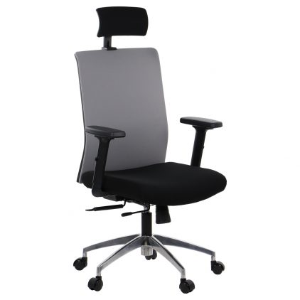 Juodos ir pilkos spalvos biuro kėdė su reguliuojamu galvos atlošu.