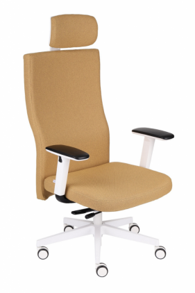 Geltona ergonominė biuro kėdė su reguliuojama galvos atrama