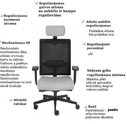 Ergonominės biuro kėdės specifikacijos ir funkcijos