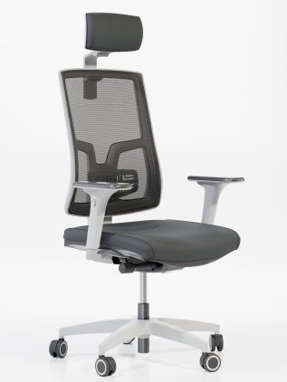 Pilka ergonominė biuro kėdė su reguliuojamu sėdynės mechanizmu.