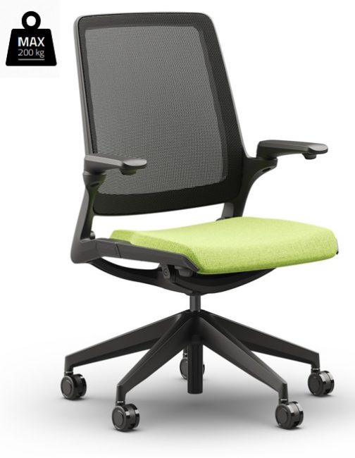 Geltonos spalvos ergonominė biuro kėdė kuri atlaiko iki 200 kilogramų svorį.