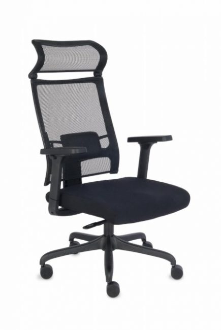 Juoda ergonominė biuro kėdė iš apmušto tinklelio su reguliuojama galvos kampo atrama.
