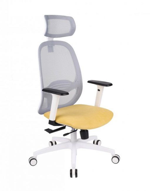 Geltona ergonominė biuro kėdė su juosmens reguliavimo funkcija